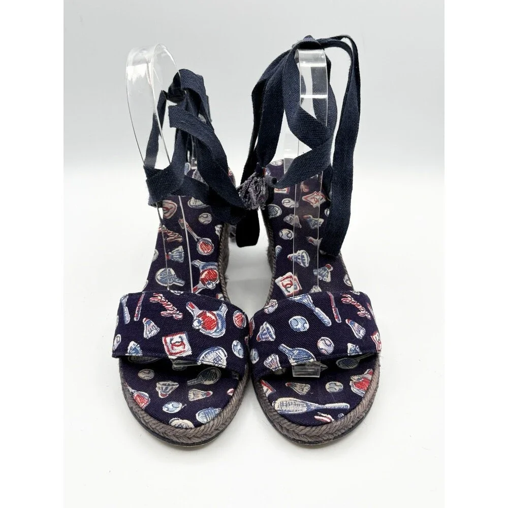 Chanel Badminton/Tennis Theme Navy Blue Espadrille Wedge Sandals Vintage EU 35